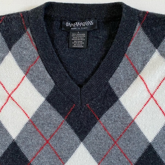 HATHAWAY PLATINUM MEN’S 100% CASHMERE PULLOVER SWEATER ARGYLE V-NECK SIZE L - Picture 8 of 16